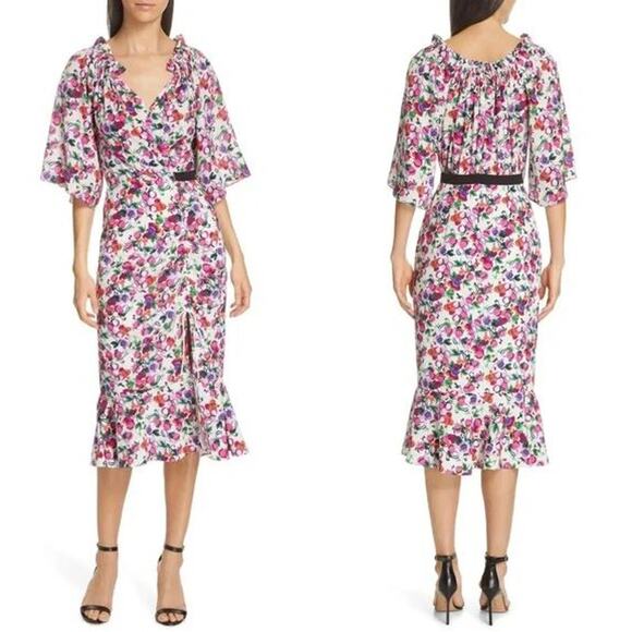 Saloni White Olivia Floral Print Ruffle Hem Silk Midi Dress - Picture 2 of 13